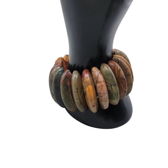 Natural Jasper Stretch Bracelet Multicolor Half Moon Wedges Green Red Orange 8" - Picture 13 of 15